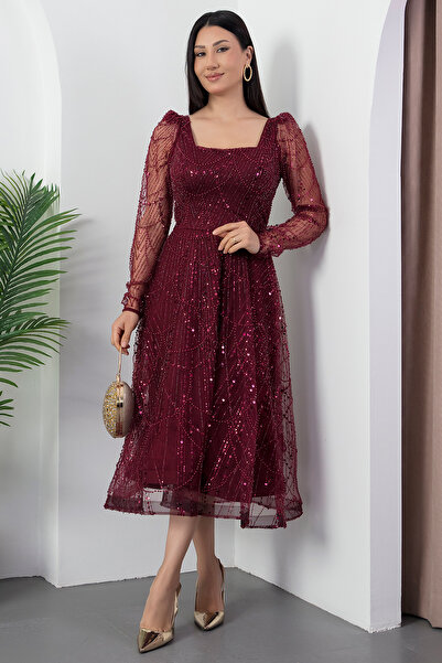 PULLIMM Square Neckline Long Sleeve Beaded Tulle Dress 41112