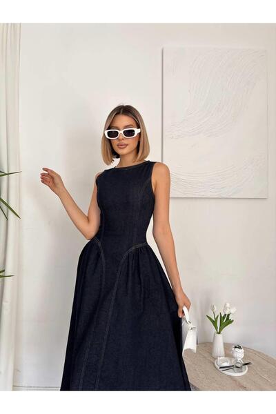 Coral Sırtı Fermuarlı Kolsuz Kot Elbise 30006 Lacivert