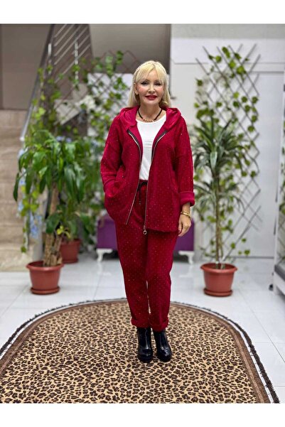 Punta Otantik Nc25195 Zippered Hooded Stone Italian Velvet Suit Red