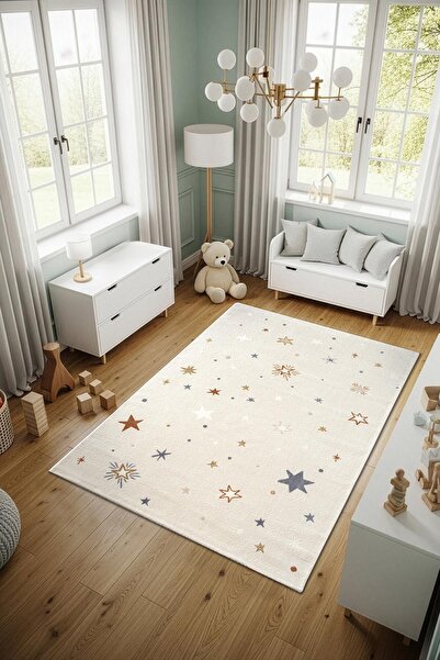Cotto Home Cotto Kids CK001R Krem Halı Renkli Yıldız Desen Kaymaz Taban Yumuş...