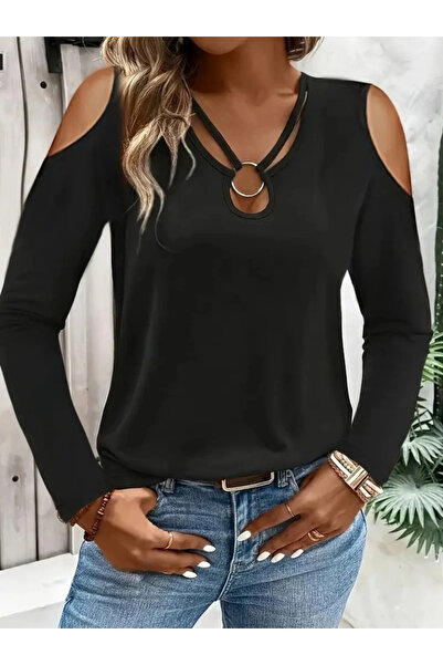 Butik Women's Off-The-Shoulder Long Sleeve Ring at Neckline Striped Detail Viscose Blouse