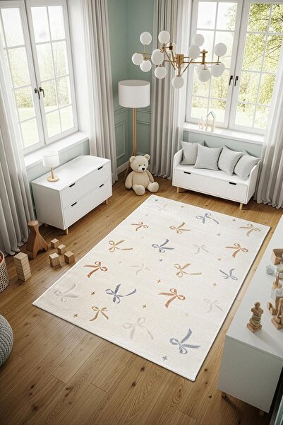 Cotto Home Cotto Kids CK002R Krem Halı Renkli Fiyonk Desen Kaymaz Taban Yumuşak Yıkanabilir Çocuk Odası Halısı