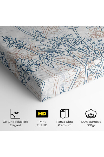 Arthub Canvas Painting, Bedroom And Living Room, Flowers, Cream Blue Line