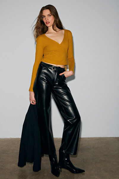 GRIMELANGE Olivierns Women's Front Tie Bodycon Blouse with Breathable Fabric in Saffron Yellow