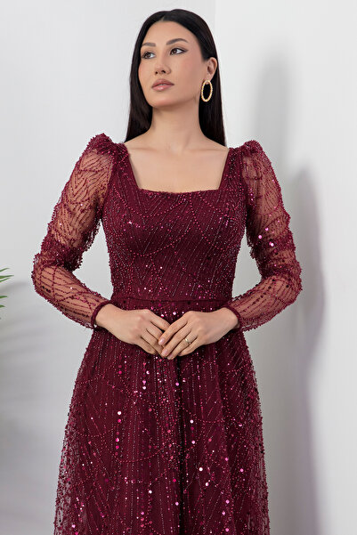 PULLIMM Square Neckline Long Sleeve Beaded Tulle Dress 41112