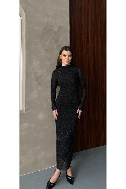 DUAS & CO Drapeli Uzun Kol Taşlı Siyah Midi Tül Elbise