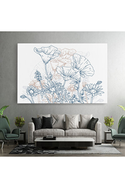 Arthub Canvas Painting, Bedroom And Living Room, Flowers, Cream Blue Line
