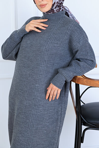 benguen κοτλέ Πλεκτό Φόρεμα N7080 Ανθρακίτη