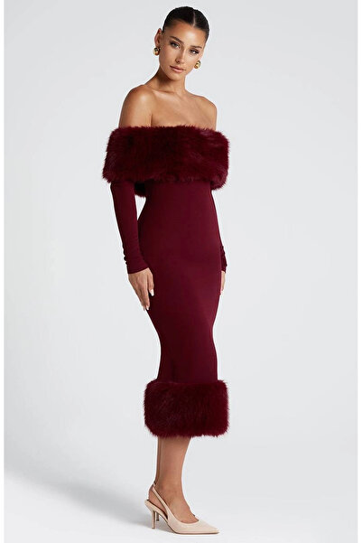 Buklemoda Modal Fabric Fur Detailed Maxi Dress
