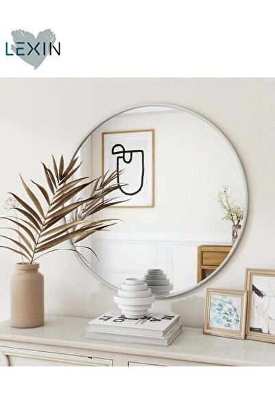 Lexin مرآة حائط دائرية بإطار معدني فضي، مناسبة للمدخل أو الحمام أو طاولة الزينة أو غرفة المعيشة - 70×70 سم