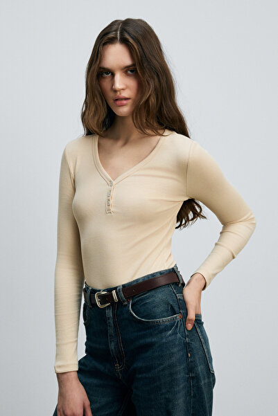 GRIMELANGE Kalani Women's Long Sleeve V Neck Placket Button Beige Blouse