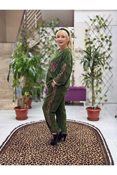 Punta Otantik Nc25183 Leopard Patterned Pocket Detailed Italian Velvet Suit Green