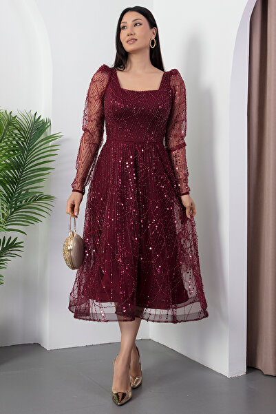 PULLIMM Square Neckline Long Sleeve Beaded Tulle Dress 41112