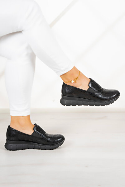 Erkan Saçmacı Morena Black Snake Genuine Calf Leather Stoned Round Toe Casual Shoes