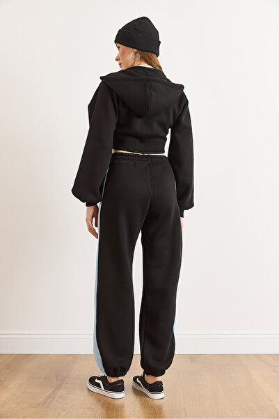 Olalook Women's Black Blue Color Detailed Fleece-Lined Thick Winter Tracksuit Set Etkm-0000073