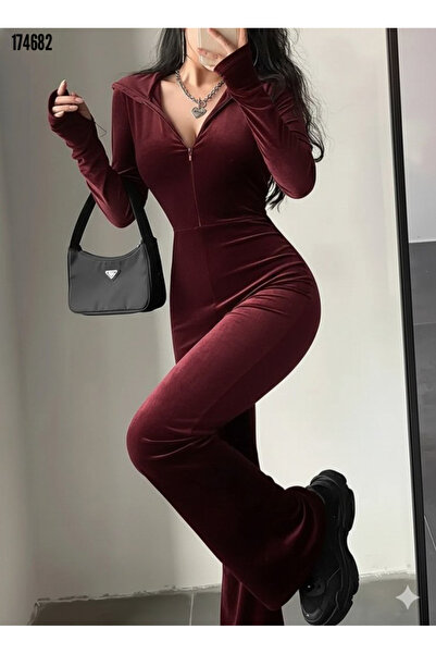 moda wanilia Women's Hooded Zippered Long Sleeve Velvet Jumpsuit