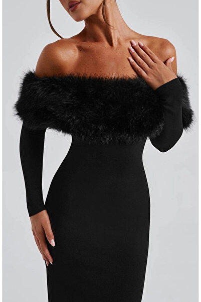 Buklemoda Modal Fabric Fur Detailed Maxi Dress