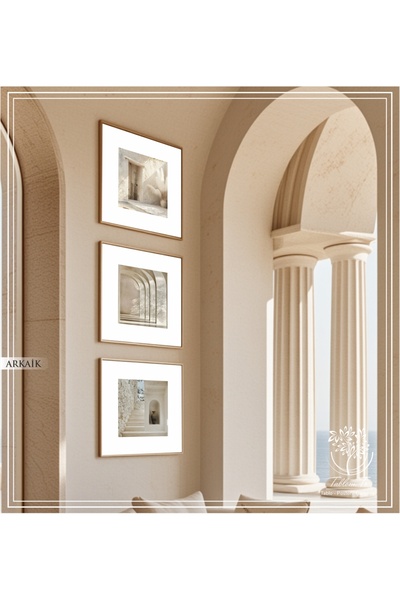 Tablomtr Arkaik - Dijital Baskılı Gold Metal Çerçeveli Gerçek Camlı 3'lü Dekoratif Tablo