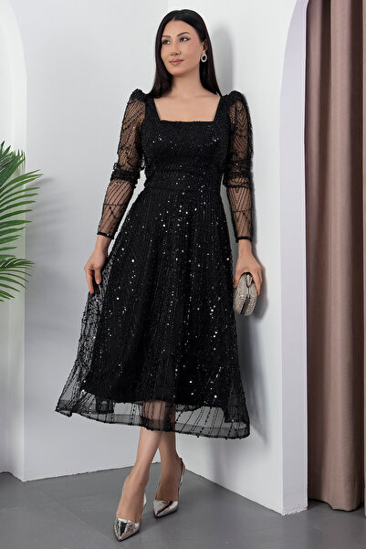 PULLIMM Square Neckline Long Sleeve Beaded Tulle Dress 41112