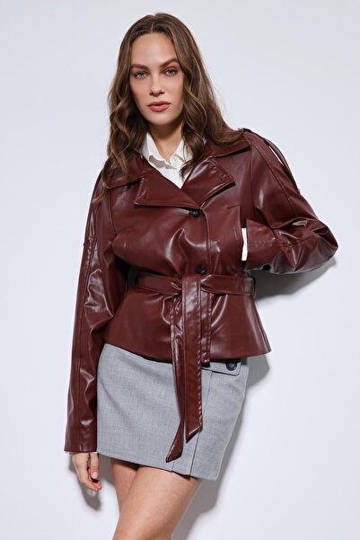 Antioch Burgundy Belted Faux Leather Coat