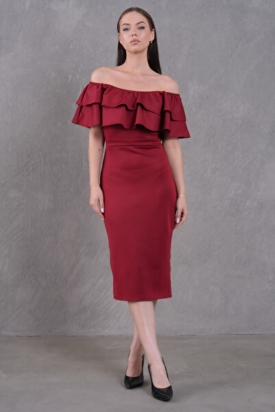 WOMAN VISION Schwarzes, mittellanges Bleistiftkleid mit Rüschendesign und Bandeau-Ausschnitt für Damen