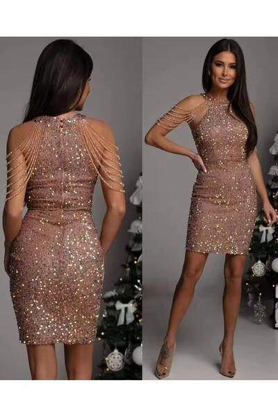 MODAS HALTER YAKA KOLLARI BONCUK DETAYLI MİNİ ABİYE ELBİSE