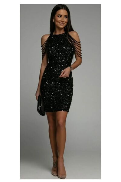 MODAS HALTER YAKA KOLLARI BONCUK DETAYLI MİNİ ABİYE ELBİSE