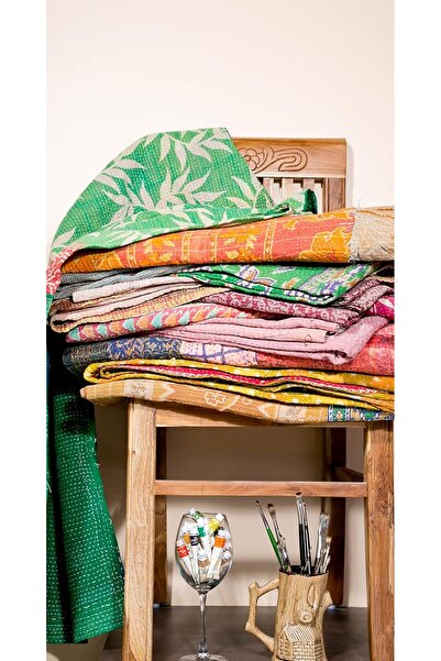 Generic Handmade Vintage Kantha Gudari Boho Quilt, Old Sari Design, Cotton, Multi-color