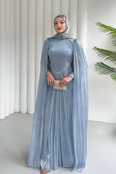 Modaensarbutik Özel Tasarım Kol Pelerin Detaylı Tesettür Abiye-BEBE MAVİ