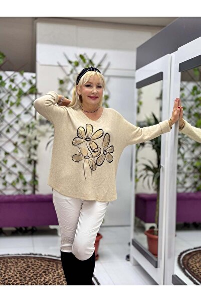 Punta Otantik Yg8022 Floral Patterned Stone Italian Knitwear Blouse Cream