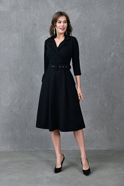 WOMAN VISION Schwarzes Damen-Midikleid mit Wickelausschnitt, 3/4-Ärmeln und G...