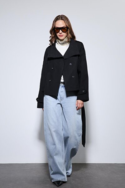 Antioch Black Mock Neck Double-Breasted Trench Coat