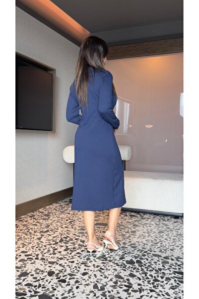 JANES Women's Long Sleeve Turtleneck Front Zipper Slit Midi Viscose Two Thread Dress