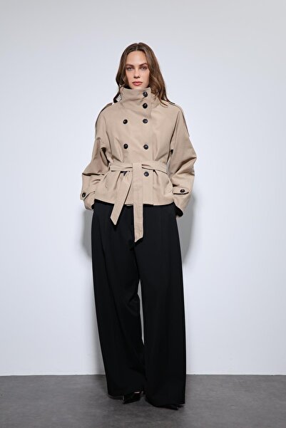 Antioch Beige Mock Neck Double-Breasted Trench Coat