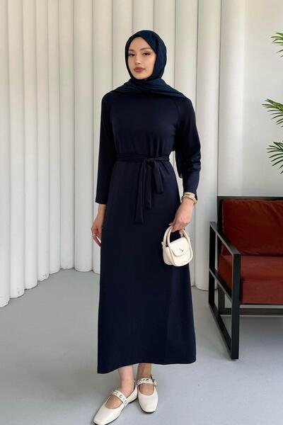 Modaensarbutik Kuşaklı Oysho Kumaş Tesettür Elbise-LACİVERT