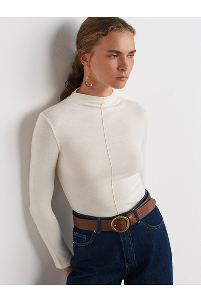 Dilvin Front Stitched Mock Neck Blouse