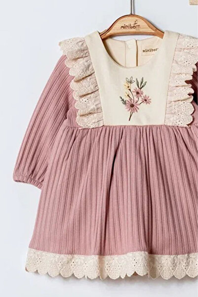 MİNİBORN 3611 Girls Long Sleeve Cotton Flower Embroidered Tie-Dye Dress/Bandana Set