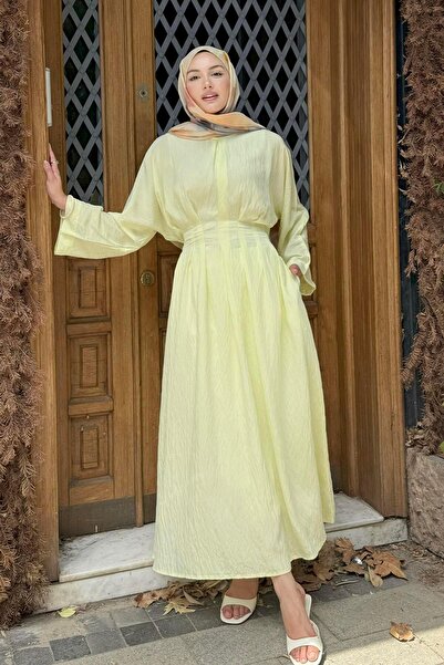 Modaensarbutik Minimal Bel Bağçıklı Tesettür Elbise-SARI