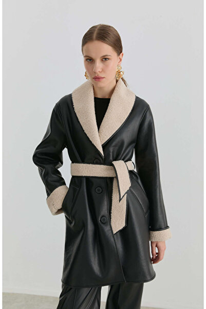 Fatma Atasoy Peluş Detaylı Siyah Suni Deri Kaban