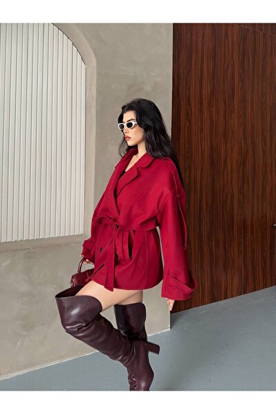 ZF BUTİK Women's Short Cashmere Coat with Belted Sleeves and Epaulet Detail Premium Cashmere Coat