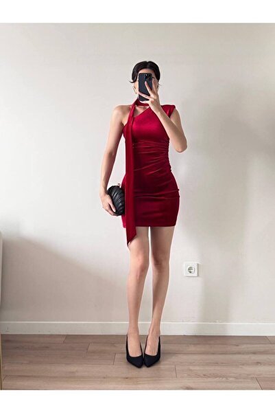 LOCH BUTİK Women's Red Shawl Waist Gathered Mini Velvet Dress
