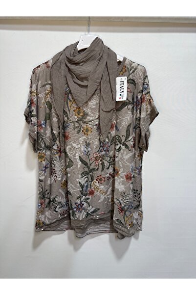 della moor Italian Mink Floral Patterned Short Sleeve O Oversized Blouse with Scarf