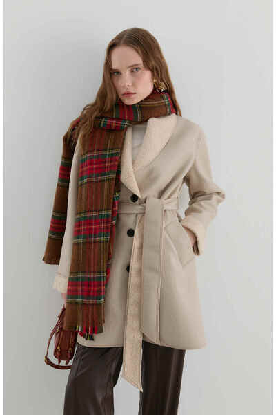 Fatma Atasoy Peluş Detaylı Taş Suni Deri Kaban