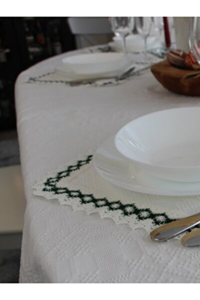 Nicoratex White rectangular tablecloth with white lace and set of 6 white napkins with white and green lace
