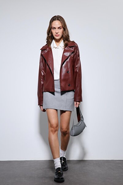 Antioch Burgundy Belted Faux Leather Coat