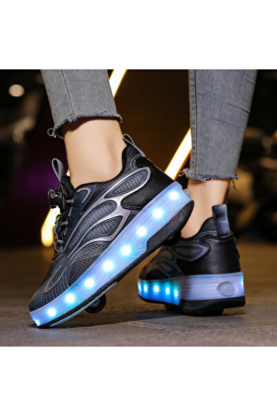 Generic Shoes with Wheels LED Light Shoes Skate Shoes Kids Gifts Boys Girls Shiny Roller Skates - Black, 37