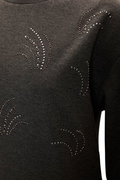 Exquise Patterned Stone Embroidered Regular Long Sleeve Sweatshirt