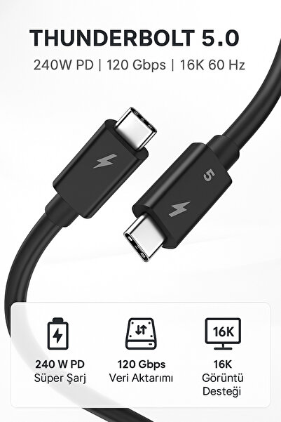 Coverzone Thunderbolt 5.0 Type-C Kablo – 240W PD Şarj, 120Gbps Veri, 16K 60Hz Görüntü Destekli | ZR1107