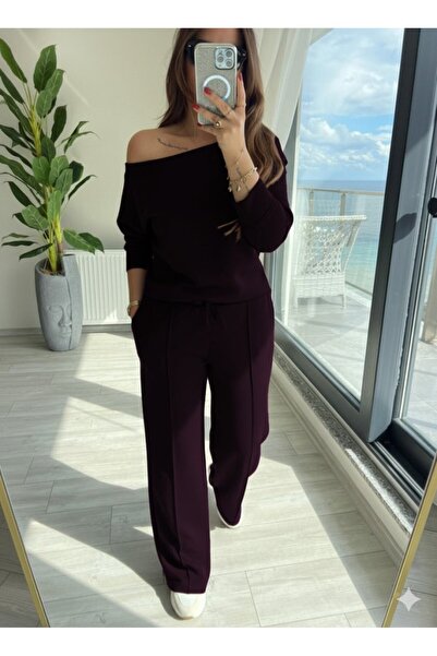buğrahayalin Women's Long Sleeve One-Shoulder Open Modal Blouse and Pants Two-Piece Plum Set