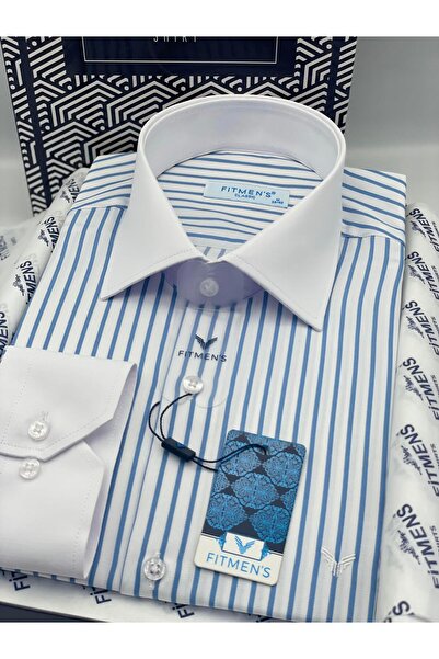Fitmens Classic Long Sleeve Pocketless Collar Cuff White Gift Boxed Men's Shirt Fs-004325 - White Light Blue